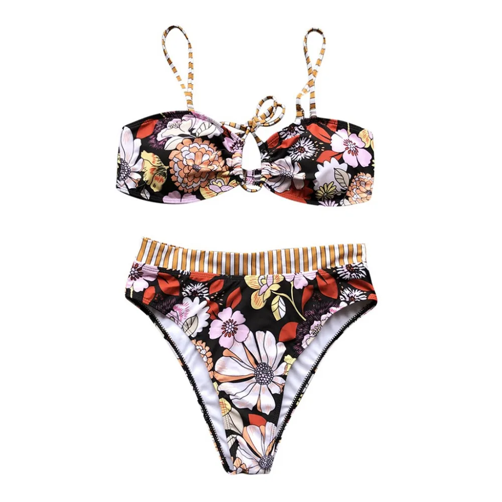 Женское Бикини бандо с цветочным принтом и завязками спереди женский купальник