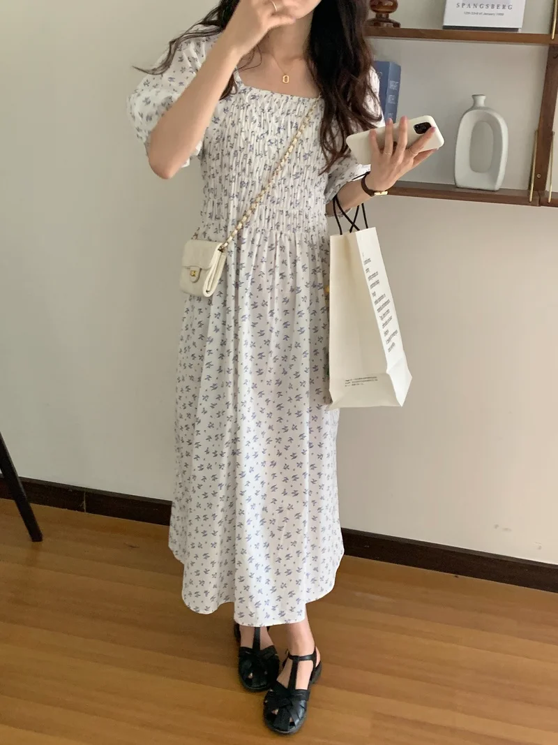 

Korejpaa Women Mini Dress 2021 Summer Korean Fashion Chic Print Square Neck Small Floral Pleated Gathered Waist Casual Dresses