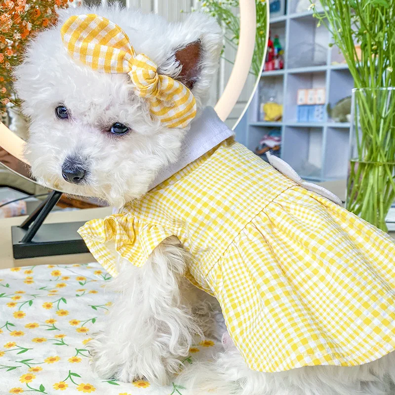 Summer Dog Dress Yellow Plaid Sunflower Sundress Princess Party Outfit Cute Puppy Cat for Small Medium Dogs Clothes | Дом и сад