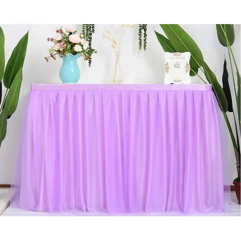 

Wedding Party Table Skirt Tulle Two Layer Ice Silk Fabric Cover Tableware Cloth Baby Shower Home Birthday Wedding Party Decor