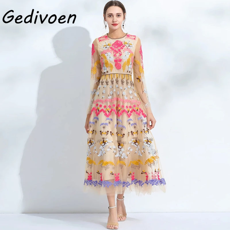 

Gedivoen 2022 New Summer Runway Fashion O-Neck Midi Dress Women's Full Sleeve Flowers Embroidery Mesh Mid-Calf Dresses Vestdios
