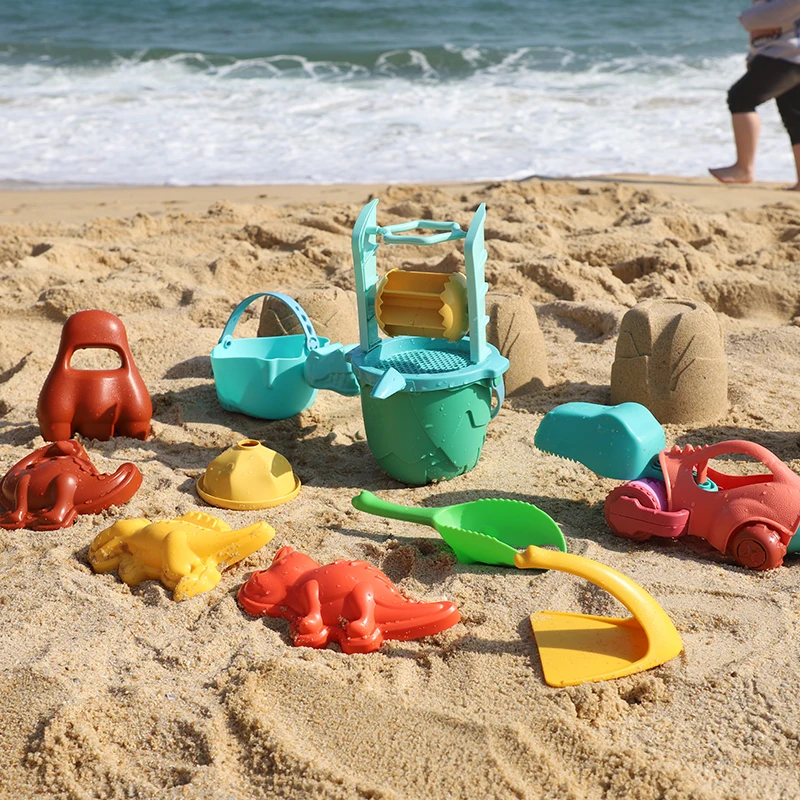 

Dinosaur Beach Sand Castle Molds Toys Set with Volcanic Bucket Scoop Shovels Rakes Watering Can Outdoor Toys Kids Children Gift