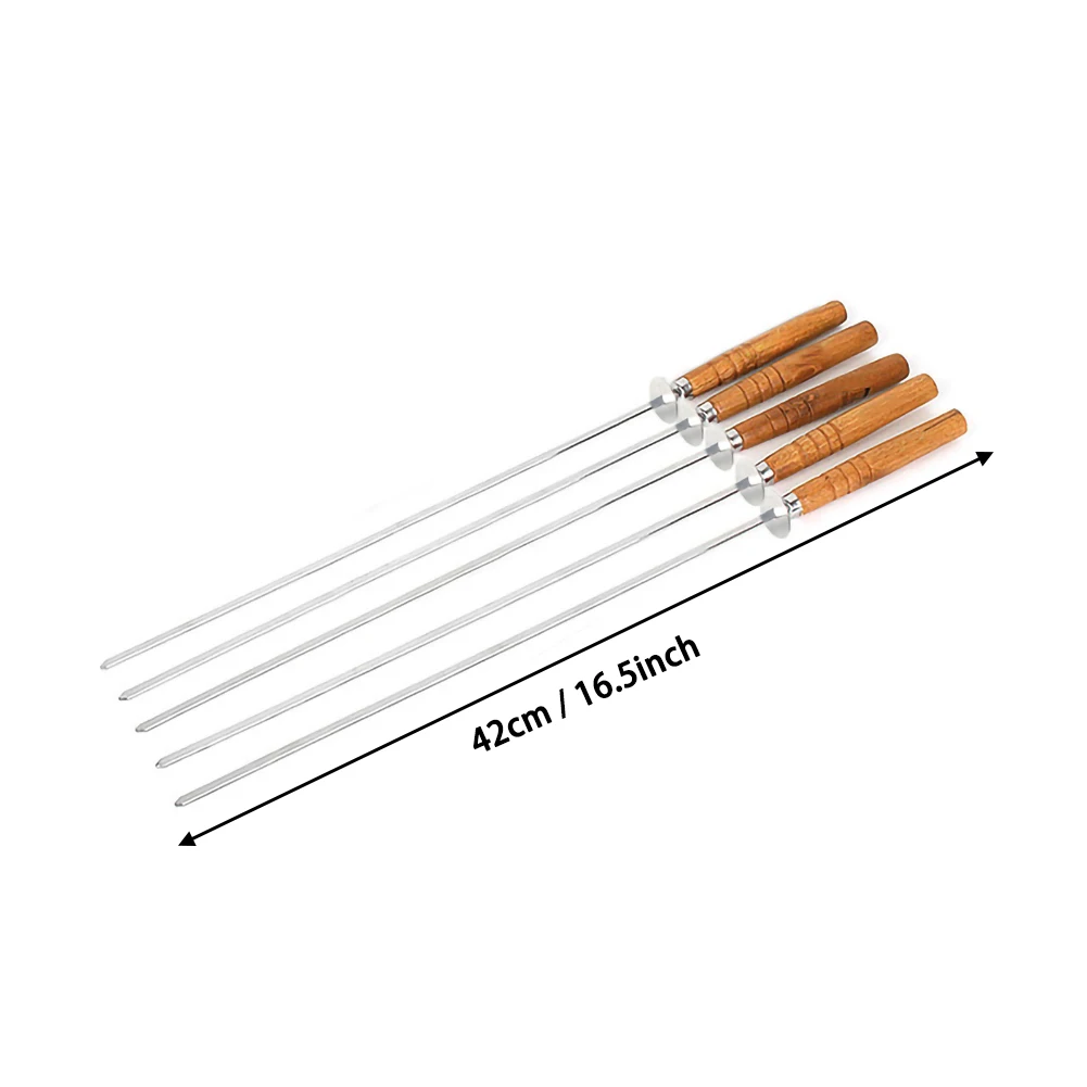 5pcs BBQ Skewer Stainless Steel Shish Kebab Fork Set Long Flat Wood Handle Barbecue Needle Meat Grill Outdoor Tools | Дом и сад