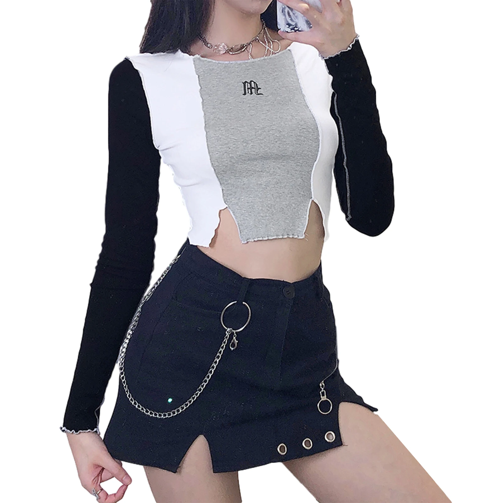 

Hirigin 2020 Fashion Women's Letter Print Crop Top, Casual Round Neck Long Sleeve Split Hem Color Block Tee Shirt