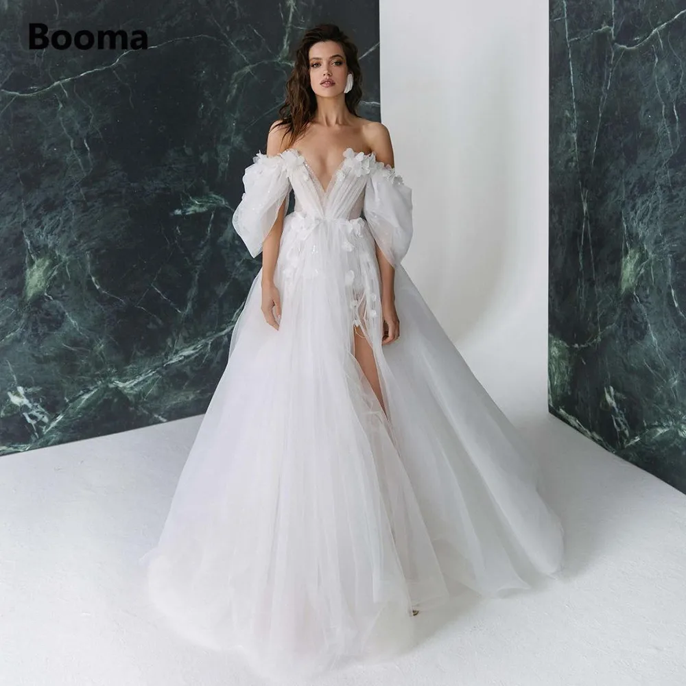 

Женское платье с открытыми плечами Booma, Пляжное ТРАПЕЦИЕВИДНОЕ ПЛАТЬЕ ИЗ ТЮЛЯ С V-образным вырезом, цветочным принтом, высоким разрезом и отк...
