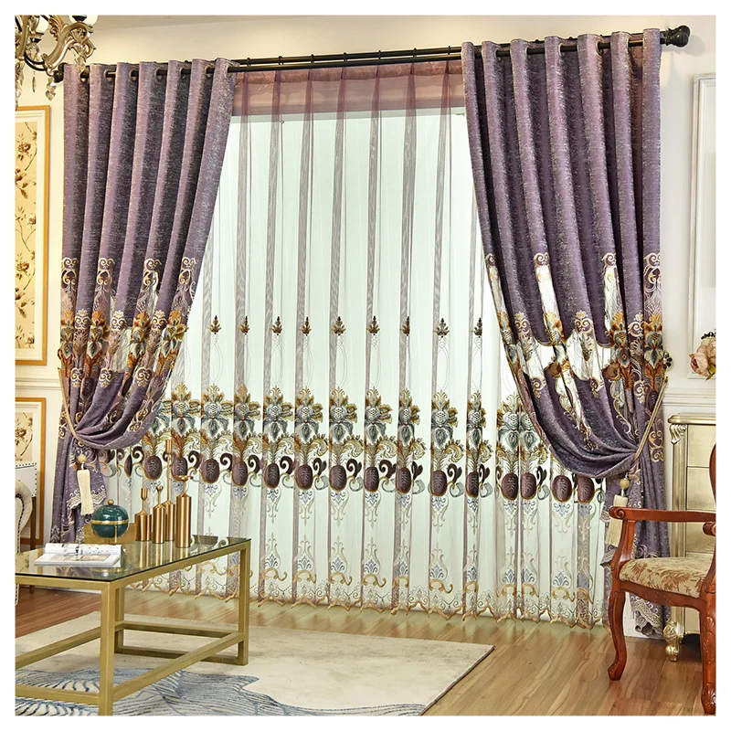 

European Style Chenille Purple Embroidery Curtains for Living Room Bedroom Semi-shading Applique Embroidery Curtains Valance
