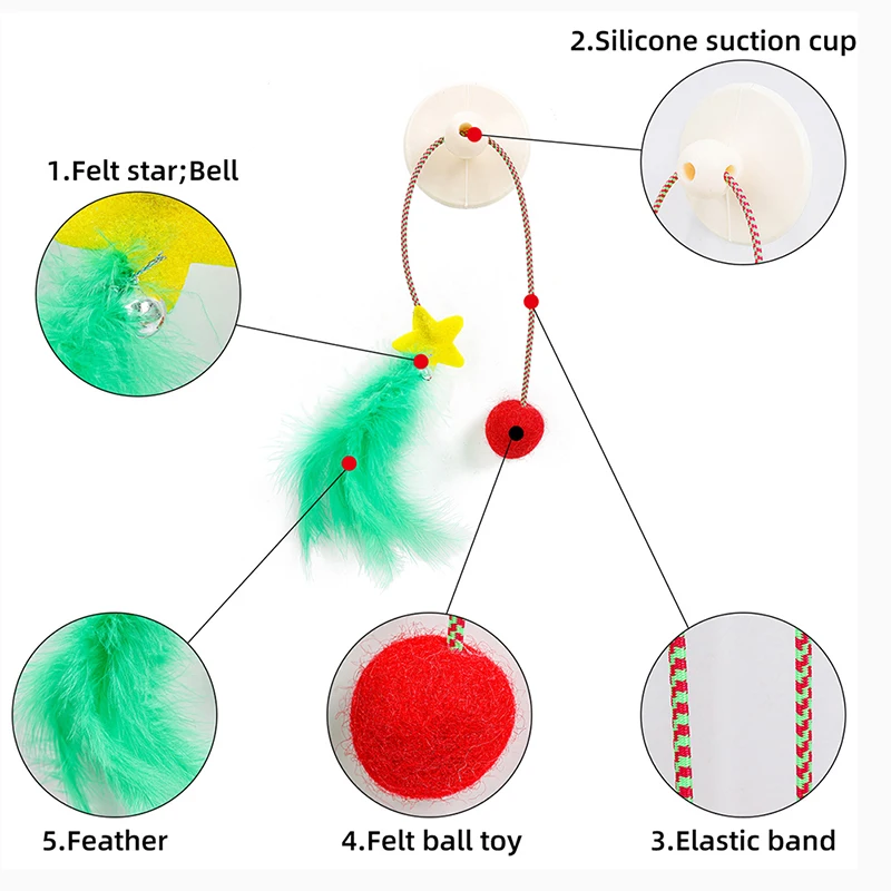 

Cat Toy Christmas Sucker Funny Stick Green Elastic Feather Pets Artifact Cats Self-Healing Bell Ball Toys For Gatos