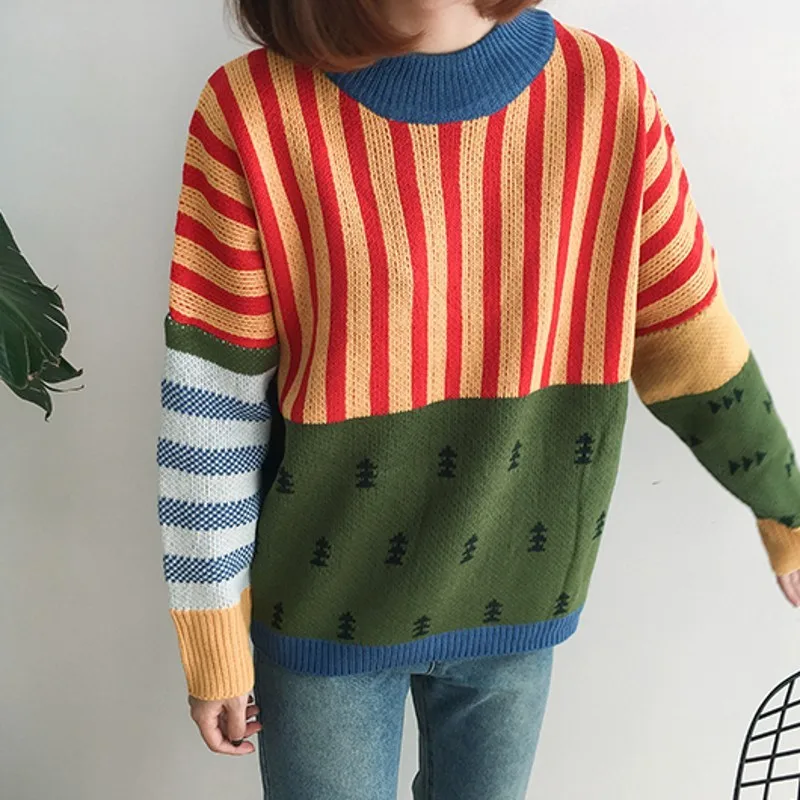 

2020 New Winter Women Sweaters Fashion Match Color Stripe Pullover Sweater Female Korean Casual Long Sleeve Knitted Sweaters