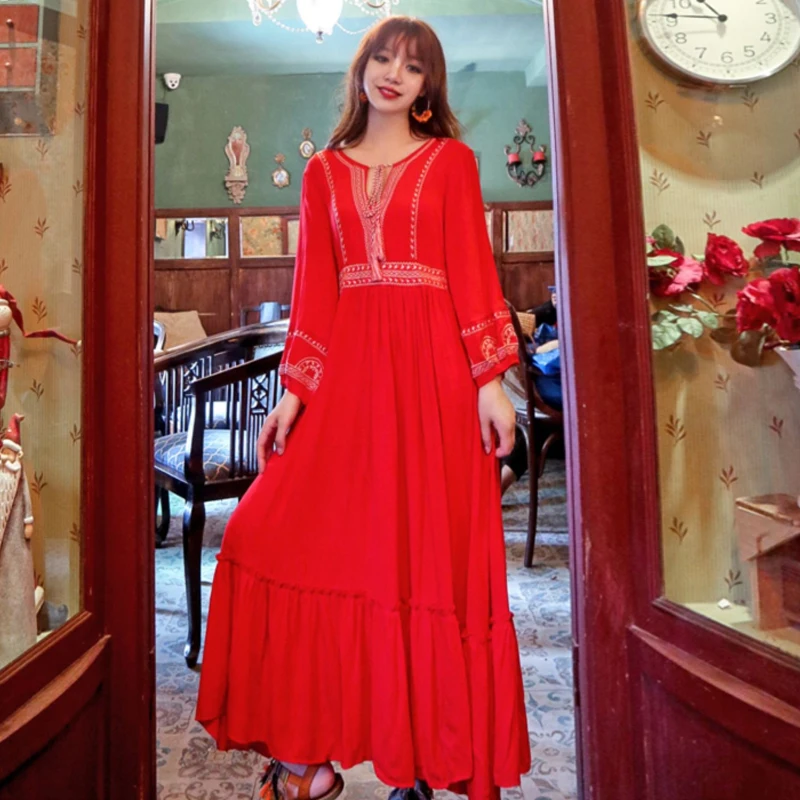 Тайское свободное платье в национальном стиле с вышивкой ретро богемное