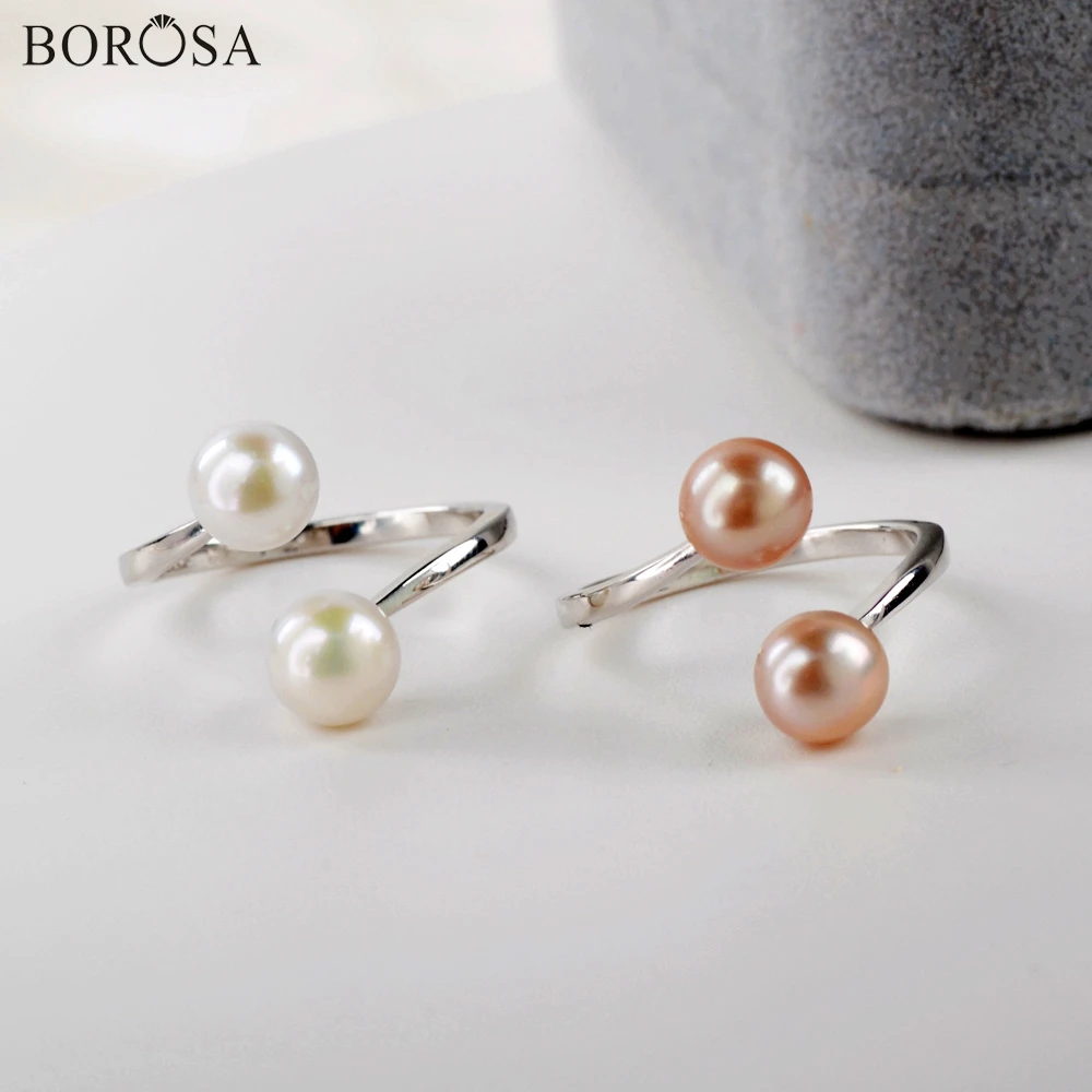

BOROSA Silver Color Natural White Pearl Open Rings High Quality White Pink Pearl Rings for Women Hot Wedding Jewelry WX1379