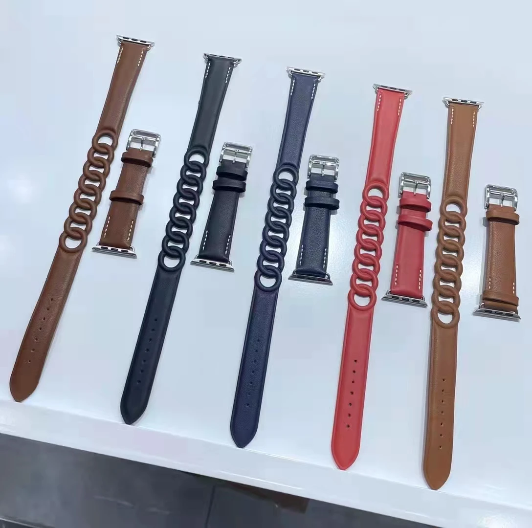 Двойной кожаный ремешок Gourmette на Apple Watch band 45 мм/41 мм браслет для iwatch series 7 6 5 4 3 Se 42/38