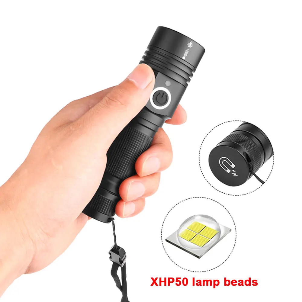 Супер яркий XHP50 светодиодный фонарик самый мощный фонарик с зумом охотничья вспышка light18650 водонепроницаемый USB перезаряжаемый светодиодный фонарь
