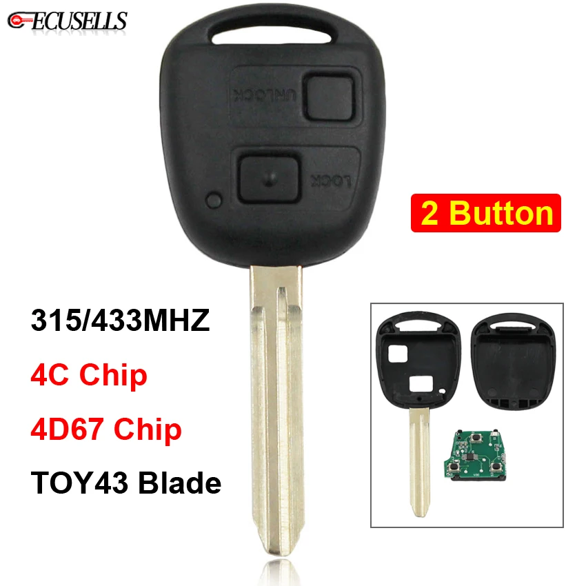 2 кнопки дистанционного ключа для салона автомобиля замками 315/433 МГц 4C/4D67 чип Toyota