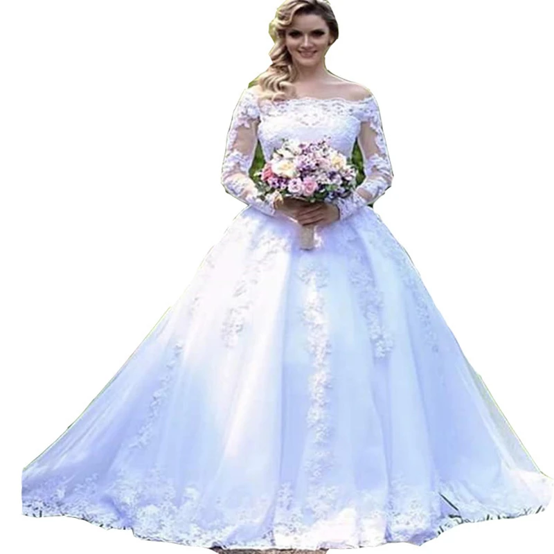 

New Arrival Cheap Off Shoulder Lace White A-Line Wedding Dresses Princess 2021 Beaded Crystal Bride Party Gowns Robe De Mariee