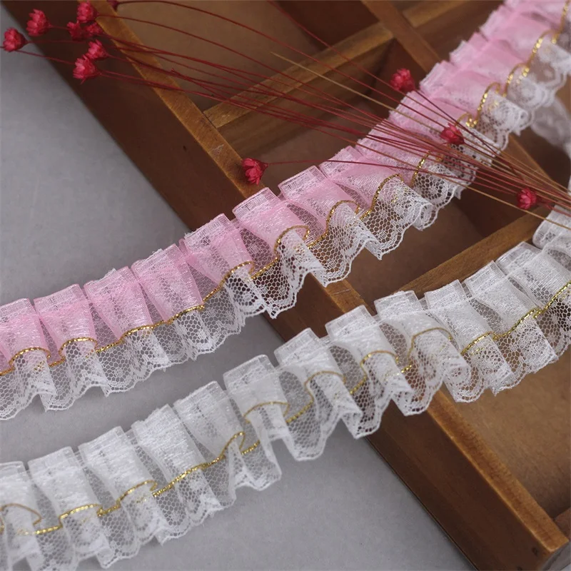 

40 ярдов в упаковке, Ширина 3,5 см, плиссированная кружевная отделка, золотой край, сделай сам, поделки, Кукольное платье, швейный материал V2177