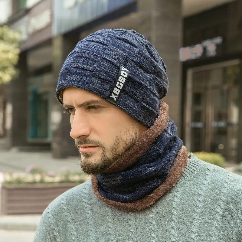 

Winter Beanie Hat Scarf Set Thick Fleece Lined Warm Knit Ski Hats for Men Boy H9