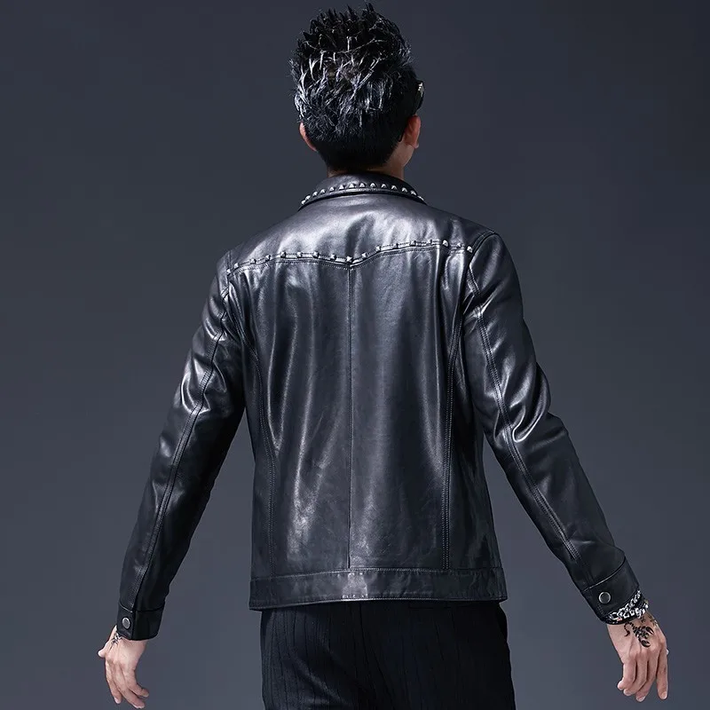 Luxury Designer Mens Sheepskin Genuine Leather Punk Rivet Jacket Slim Fit Beading Motor Biker Coats Chaqueta Cuero Hombre 4XL | Мужская