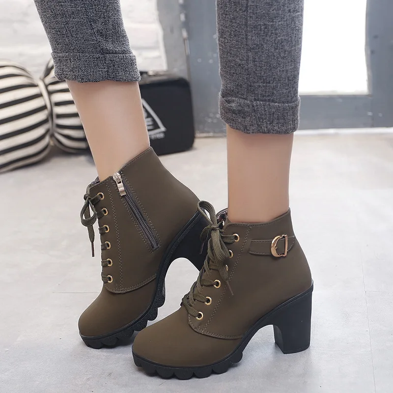 Женские ботинки в английском стиле на грубом высоком каблуке женская обувь