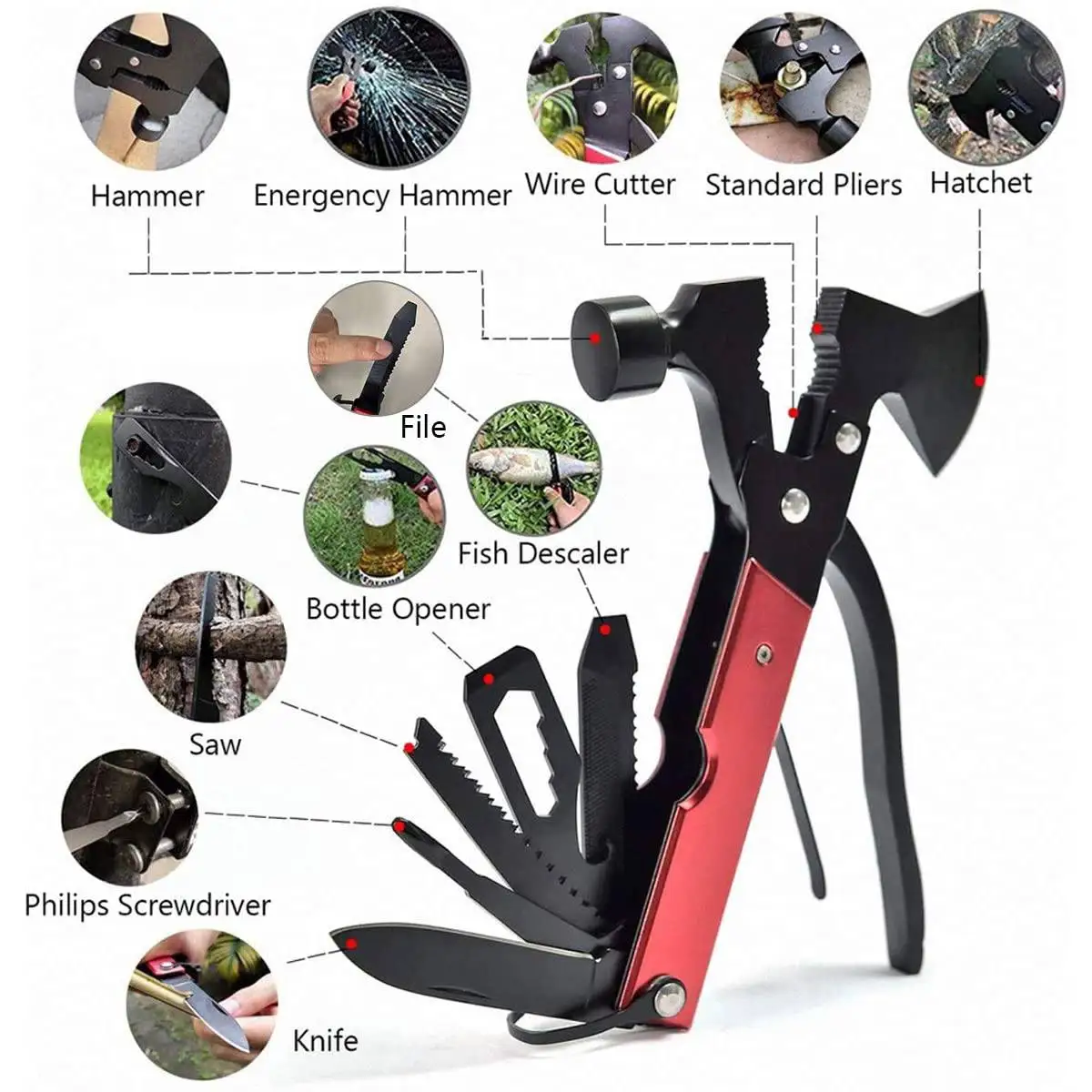 

14 in 1 EDC Folding Multi Tools Ax Hatchet Wooden Handle Fire Heavy Duty Twin Hammer Pocket Saw Screwdrivers Pliers for Outdoor
