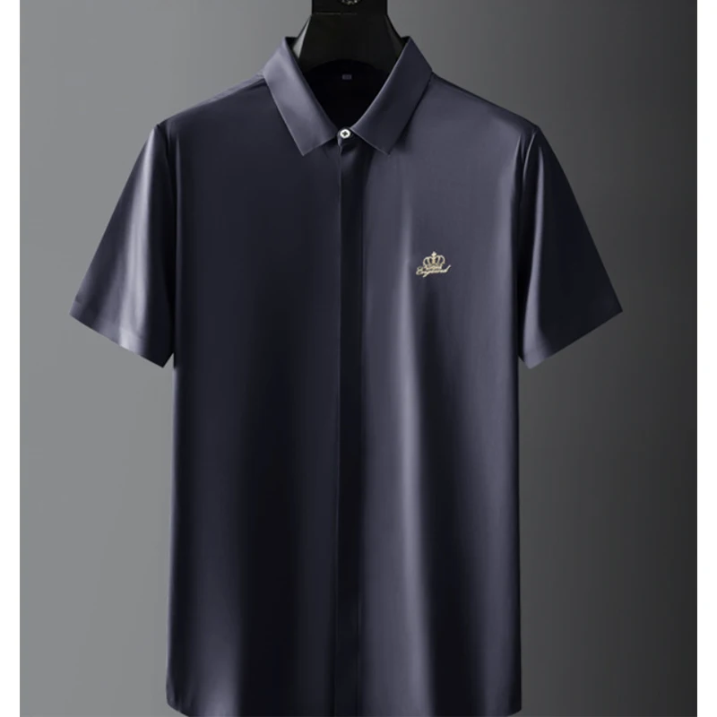 

2021 Arrival Summer Version Of High-End Business Short-Sleeved Men Solid Color Translation Middle-Aged Inch Long Black Shirt