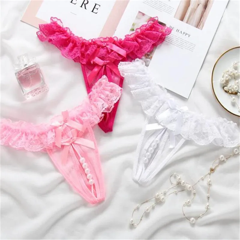 Трусы для женщин женские кружевные сексуальные стринги с перламутровым жемчугом
