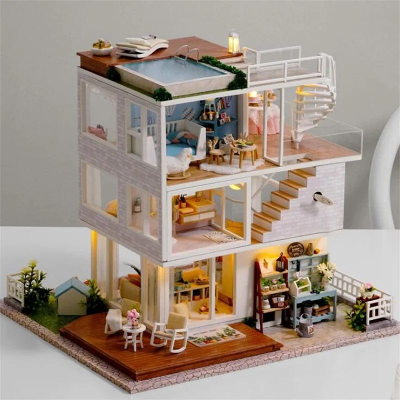 Сборка &quotсделай сам&quot игрушечный деревянный дом с Miniatura мебель для кукольных