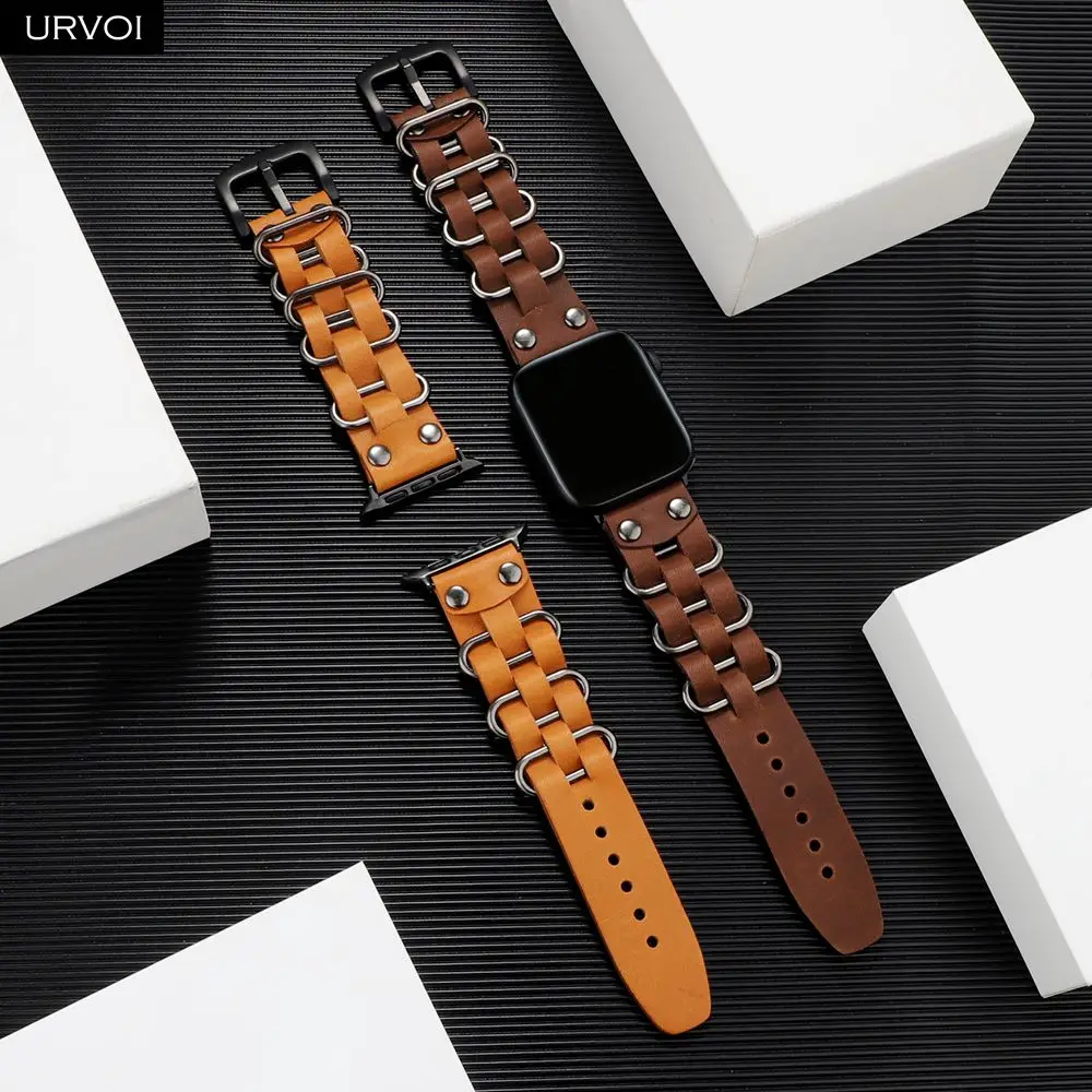 Ремешок URVOI для Apple Watch series 5 4 3 2 1 из натуральной кожи с кольцами ремешок iWatch 40 44 мм