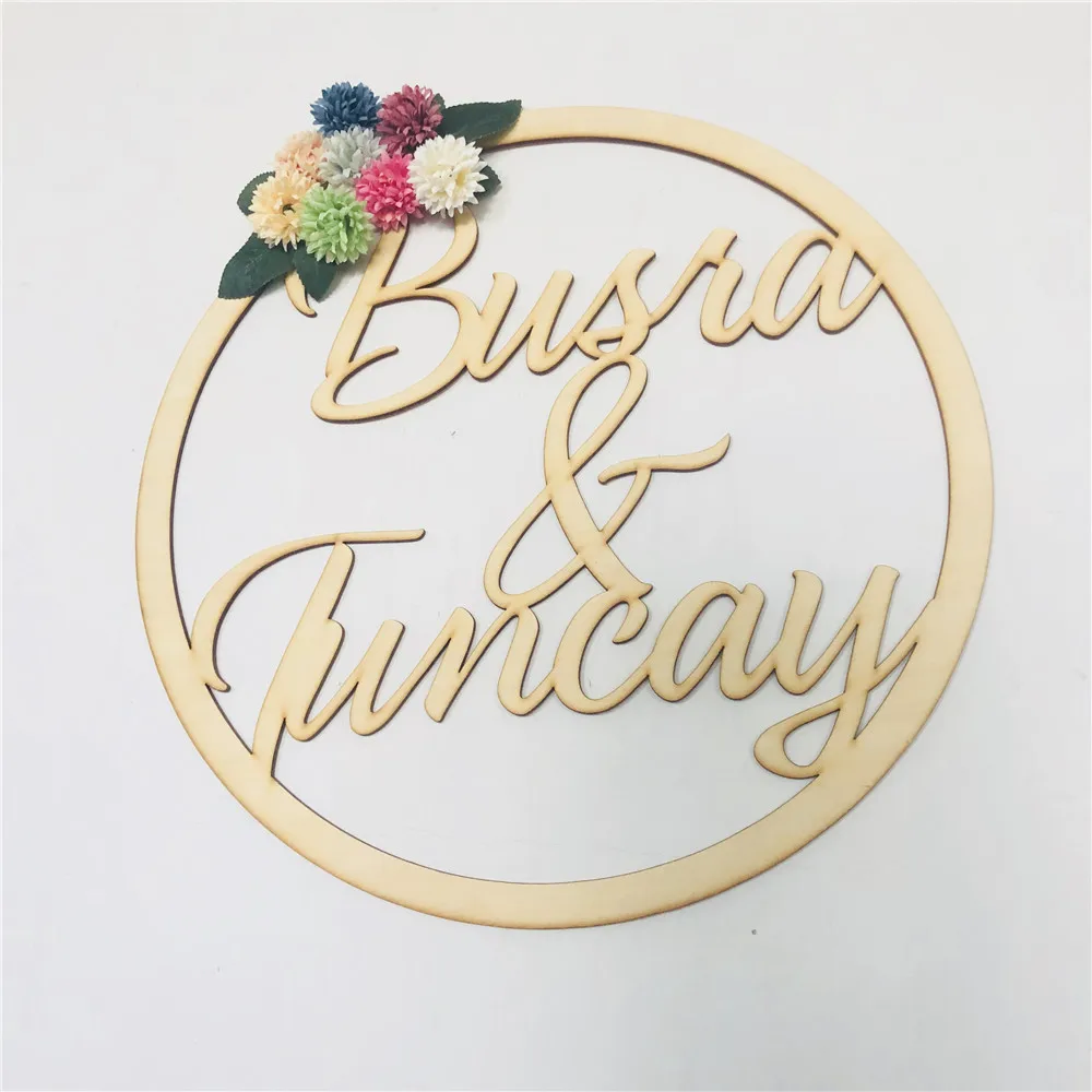 Custom Wreath Wooden Wedding Circle Hanging Personalized Couples Name Flower Sign Romantic Wooden Marriage Party Decorations