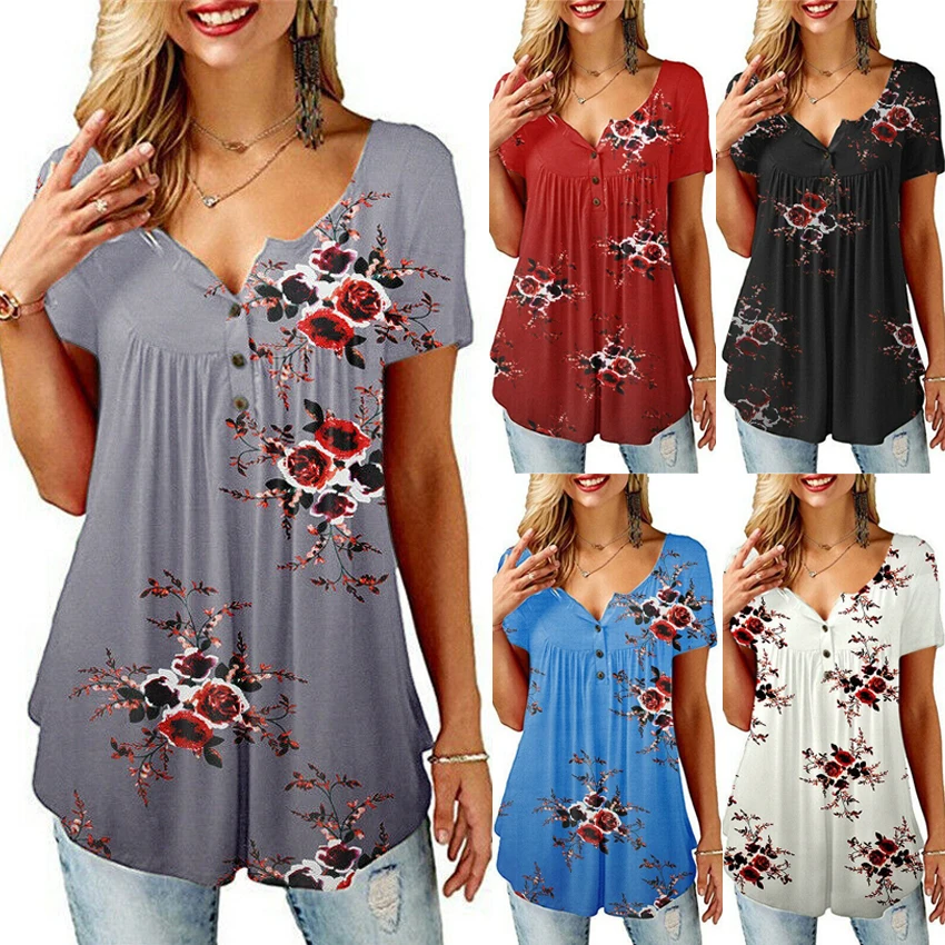 

Women's Fashion Loose Casual short sleeves Floral print V neck Summer tshirt tops blouses Plus Size