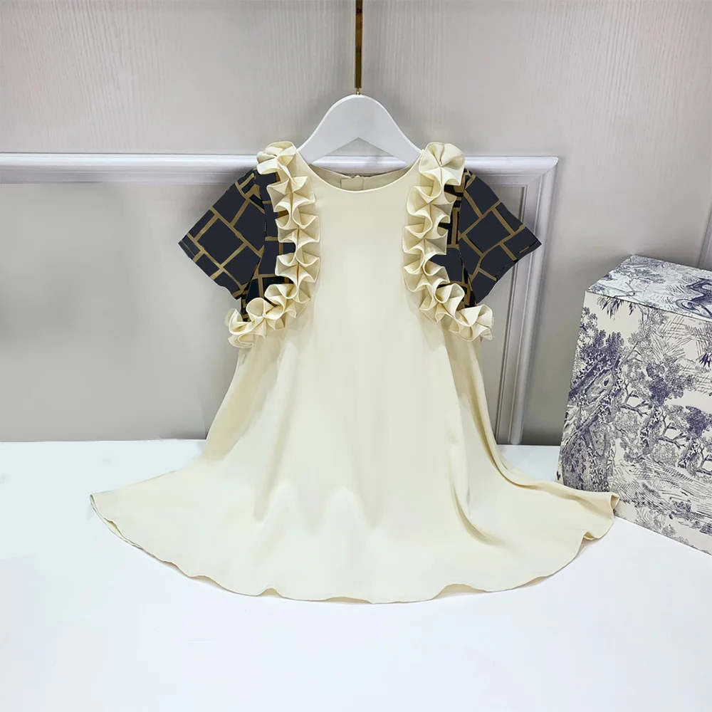 

21 children's summer new girls foreign style F home pink letter printing air cotton fungus sleeves A-line princess dress