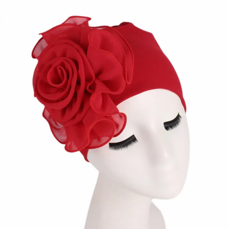 Flower Red Muslim Women Cross Polyester Pearl Bead Turban Hat Cancer Chemo Beanies Cap Headwear Headwrap Plated for Hair Loss Accessories - Color: Flower Red