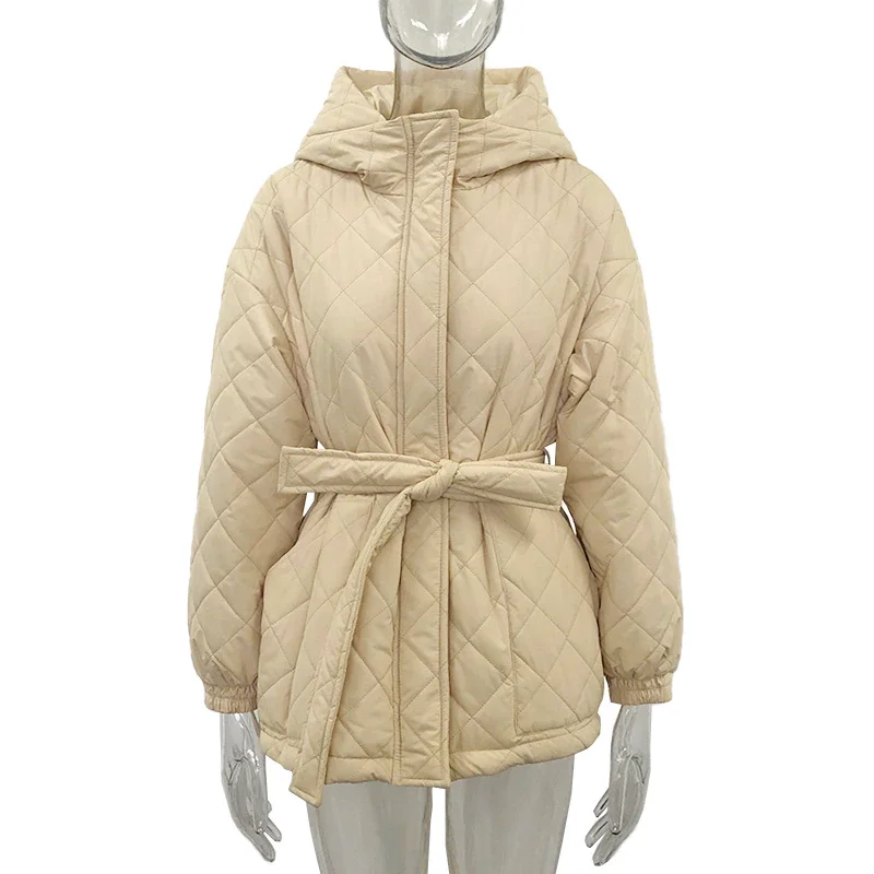 

Women Fashion Thick Coats Loose Casual Hooded Parkas Women Elegant Tie Belt Arygle Cotton Jackets Female Ladies