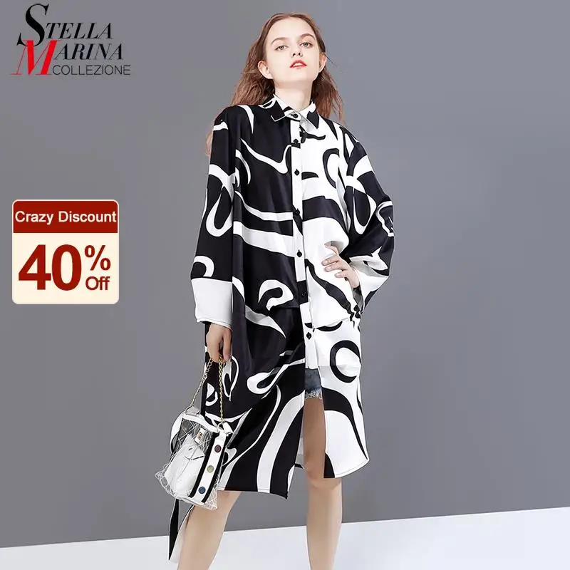 Женское платье рубашка с длинным рукавом повседневное черно белое средней длины