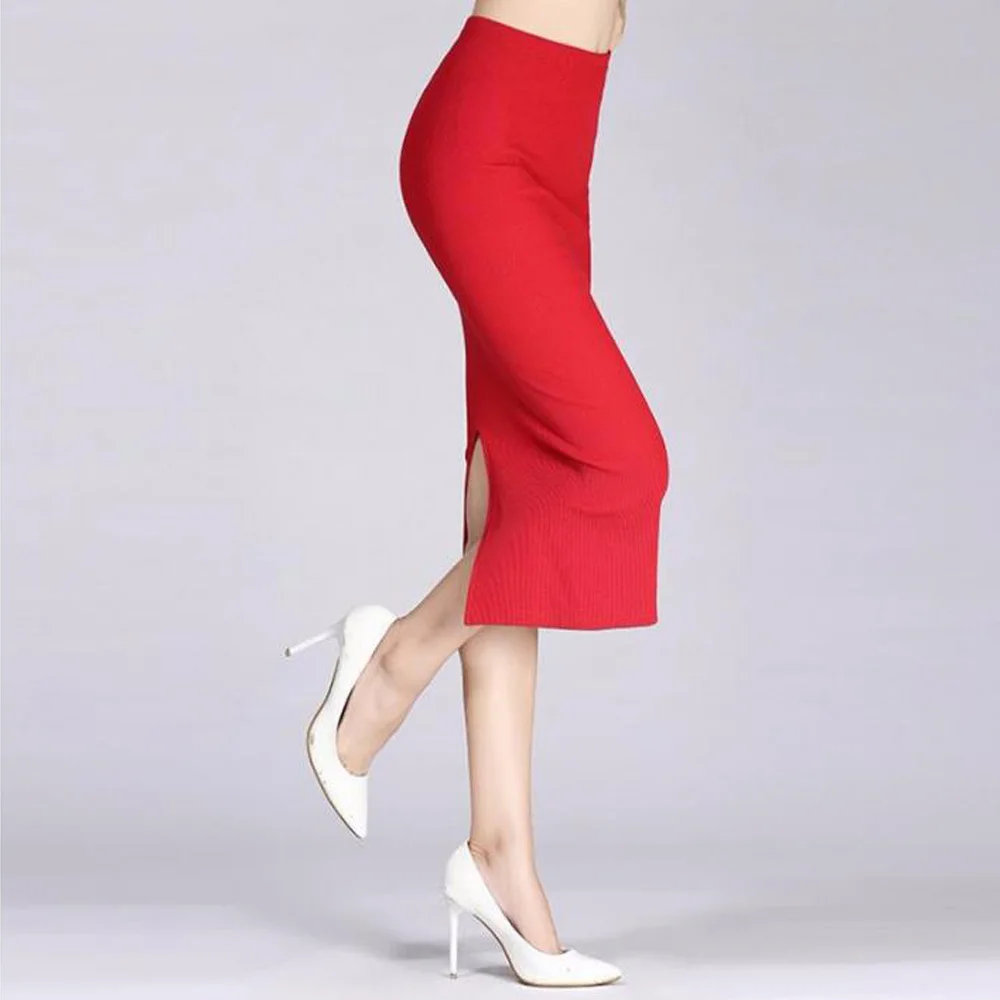 

Office Pencil Skirt Women Elasticated High Waist Slim Bodycon Skirt Jupes Sexy Ladies Package Hip Wrap Bandage Split Midi Skirt