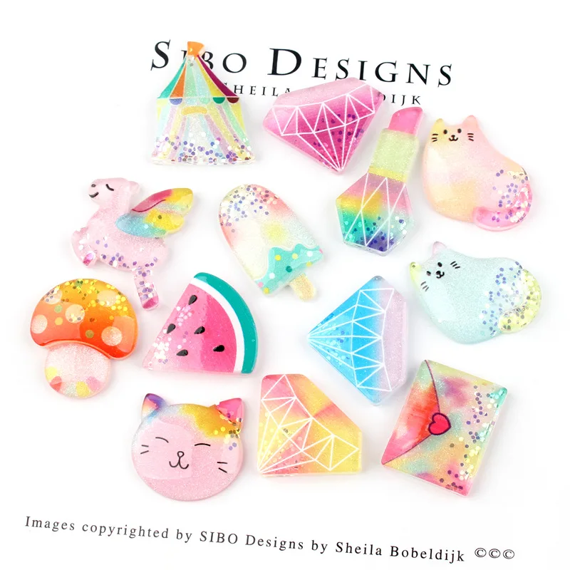 Colorful Glitter Resin Cabochons 10pcs Flatback Kawaii Fruit Watermelon Animal Cat Mushroom Ice Cream Horse Castle Cameo Patch | Украшения