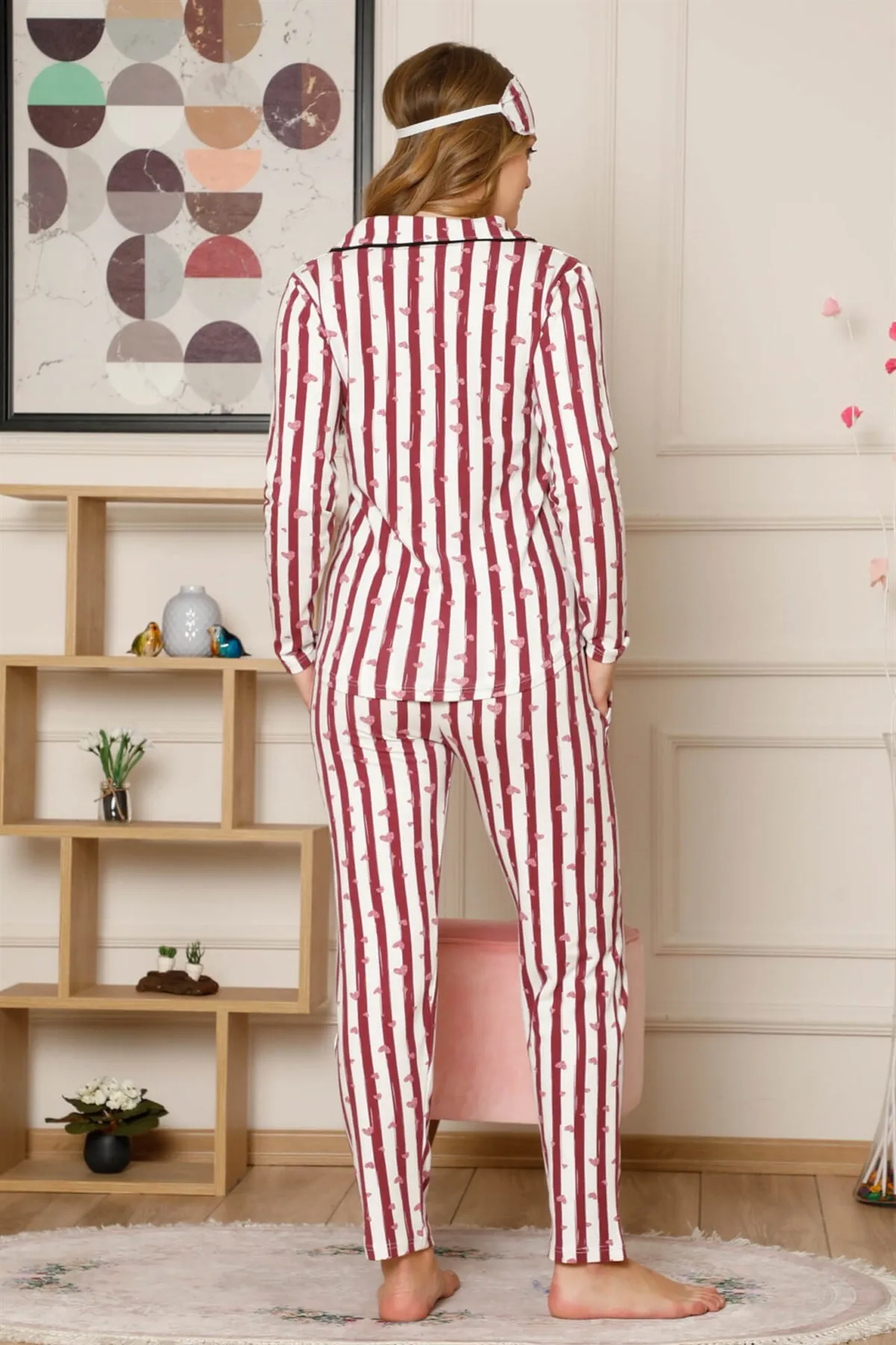 

Fashion Cartoon Women Cotton Button Pockets ardonlu Long Sleeve Pajamas Suit 2493