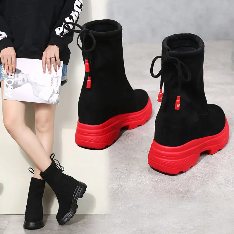 

Martin women's short boots fall/winter plus cashmere versatile women's online celebrity thin thick-soled short black socks boots