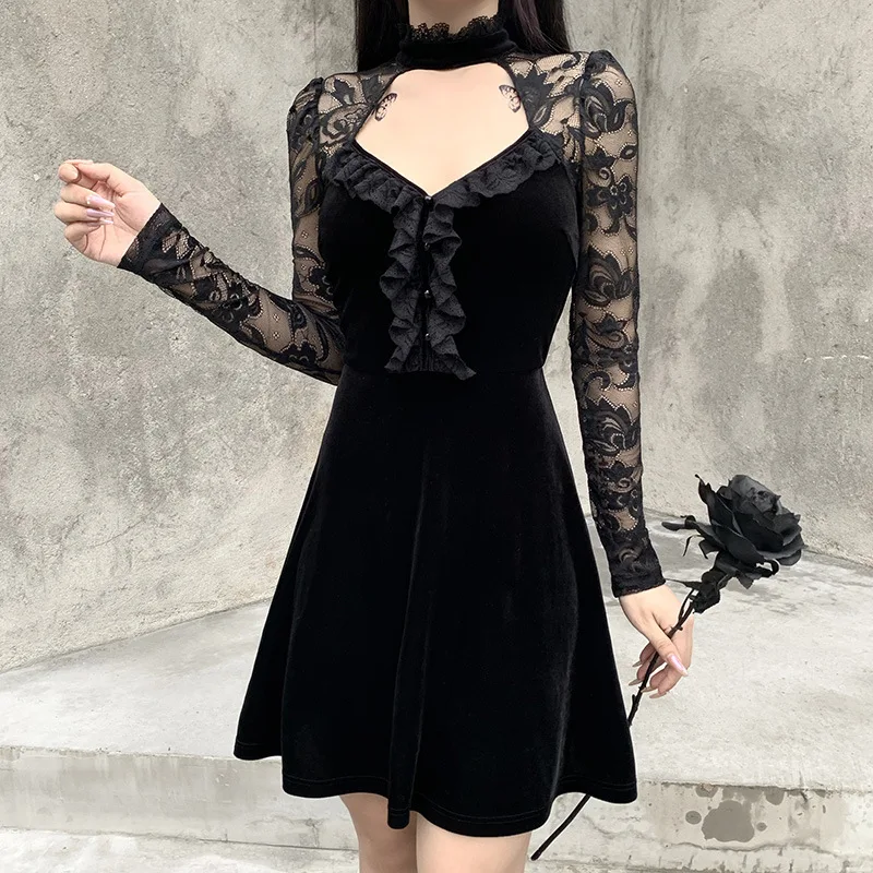 

22375p Korean Style Dark Stitching Lace Long Sleeve Dress Cross-Border Design Girl's Large Swing Gothic dress women