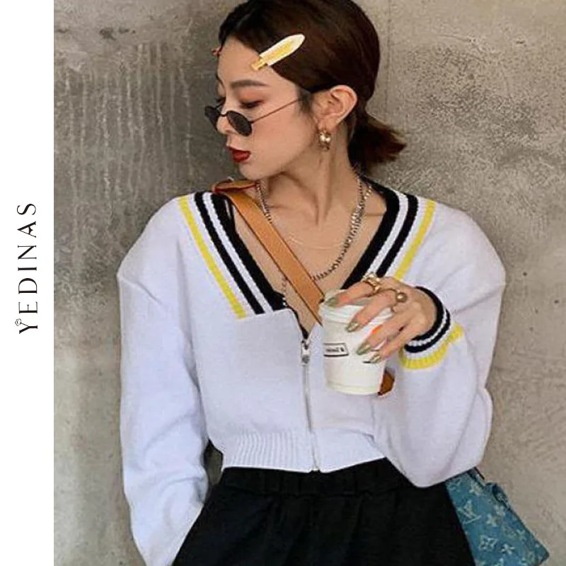 

Женский свитер Yedinas с V-образным вырезом, модель сезона осень-весна 2021 года, Женский трикотажный кардиган составного кроя в Корейском стиле, ...