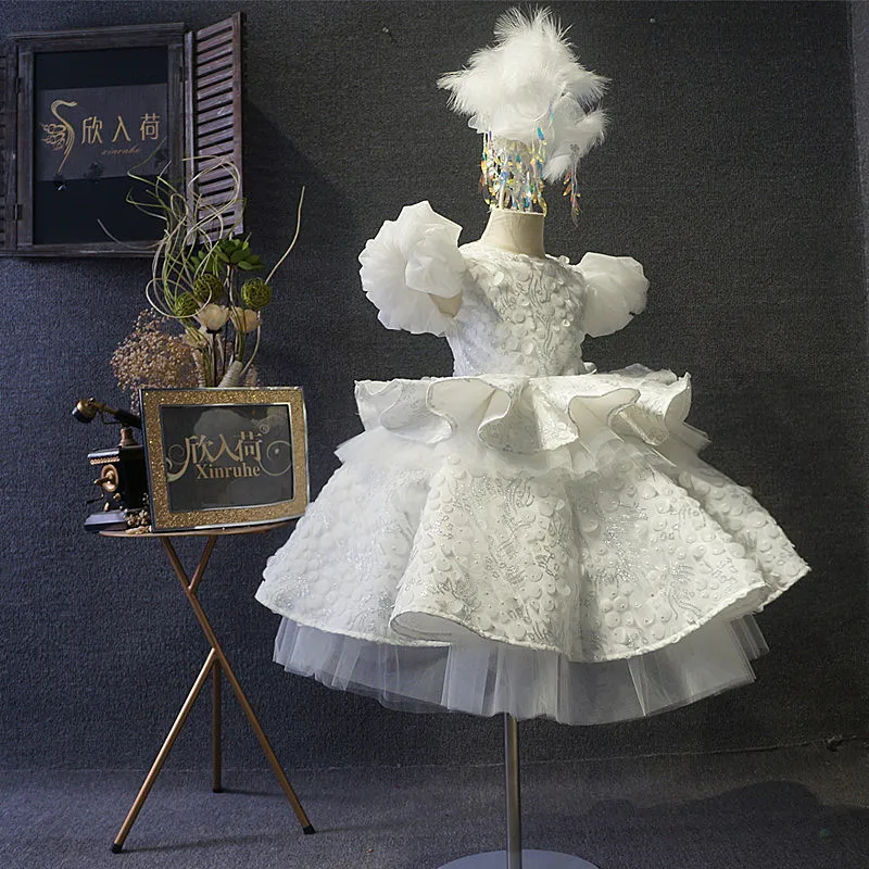 

New White Girls Dress for Birthday Sequined Beads Princess Party Dress Kids Clothes Birthday Gown 100% Real Picture High Quality