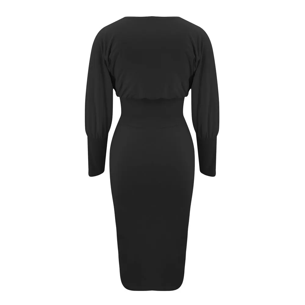 

IZALEWIS Sexy Dresses O-Neck Casual Solid Sheath Dress High Street Knee-Length Lantern Sleeve Dresses for Women Dropshipping