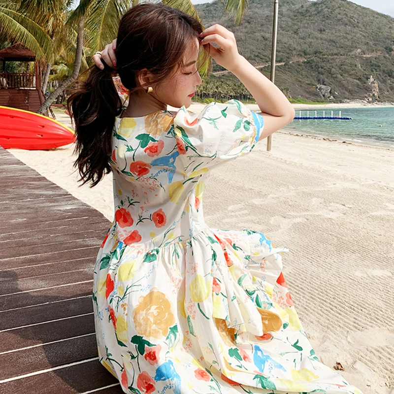 

CHICEVER Hit Color Dress For Women O Neck Puff Short Sleeve Patchwork Ruffles Print A Line Dresses Female 2021 Summer Clothing