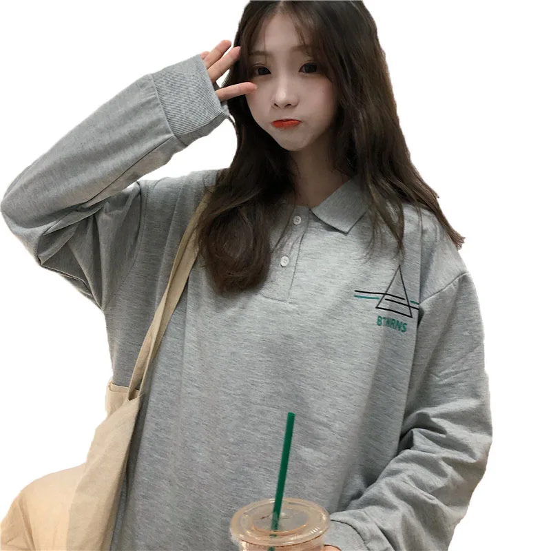 Letters Printed Polo Shirt Women Long Sleeve Autumn Winter New Loose Casual Printing Lapel Shirt Lady Black Grey Bottoming Tops