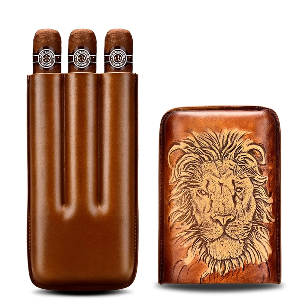 

Portable Cigar Case Humidor Cow Leather Embossed Fit For 3PC Travel Humidor Cigars Accessories Moisturizing Cigars With Gift Box