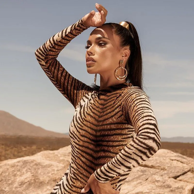 Женское длинное облегающее Платье макси с длинным рукавом и леопардовым принтом