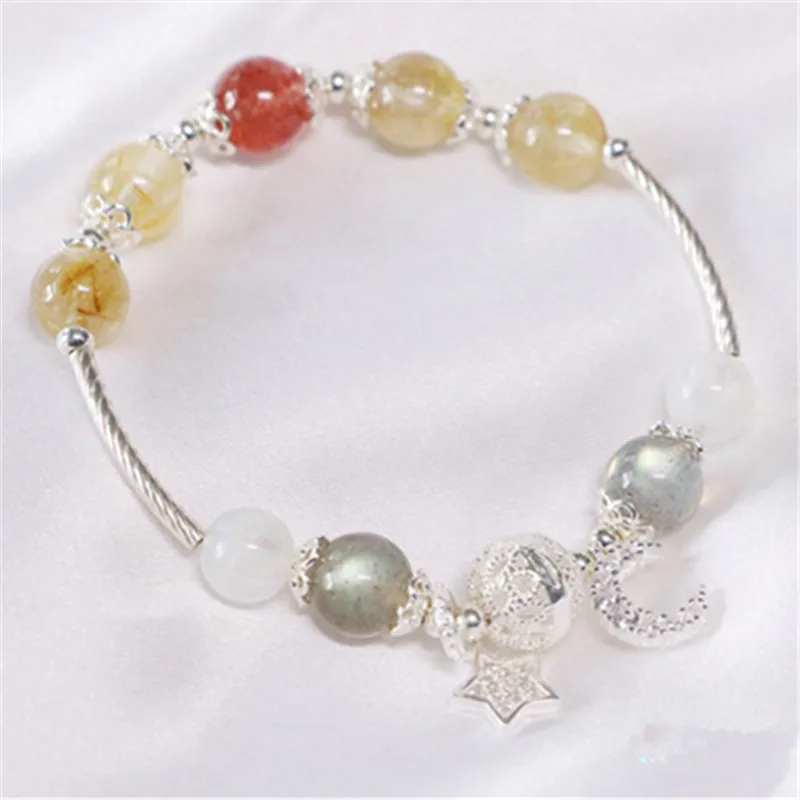 Silver color Браслеты и браслеты из натурального камня, хрустальные бусины, браслеты для женщин, лунный камень, цитрин, клубника, кварц, 925 серебряные ювелирные изделия - Цвет камня: Silver color