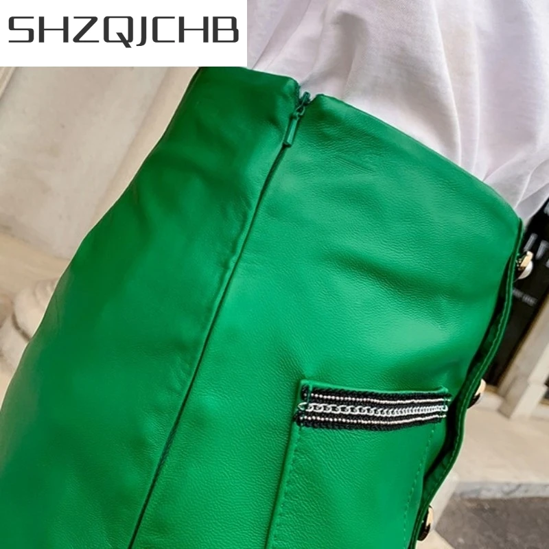 

JCHB 2021 Street Women Real Leather Skirts Fashion High Waist Slim Wrap Skirt Autumn New Biker Moto Office Lady A-Line Short Ski