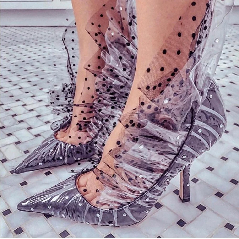 

Womens Color Stitching Dot Decor Lace Clear Transparent Stilettos Pumps Sandals Shoes Polka Dots Plus Size New 2021