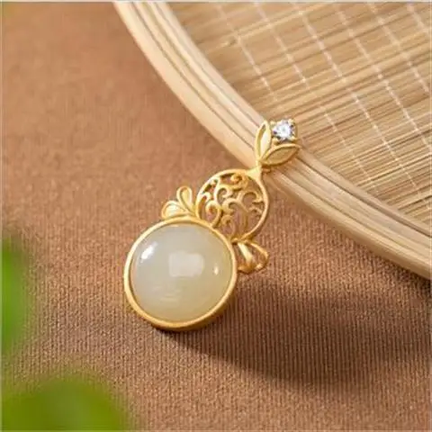 

Auspicious Blessing. Hetian Jade Calabash Pendent Silver Gilding Hollow Flower Bow White Jade Necklace with Pendant