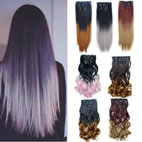 jeedou 6pcsset clip in hair extensions synthetic brown gray gradual ombre color hairpieces for full head